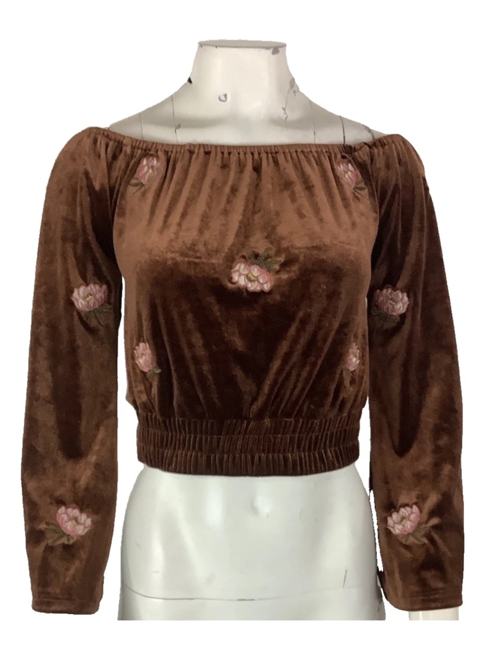 Honey Belle Sz M Brown Velvet Floral Peasant Boho Ren Faire Laced Back Top